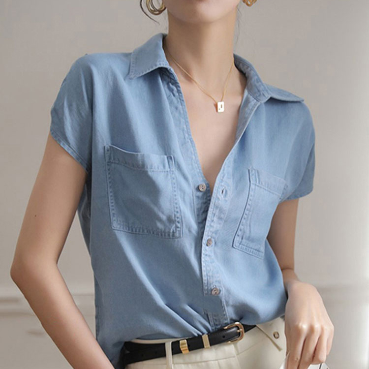 設計感小眾復古氣質上衣天絲牛仔襯衫短袖