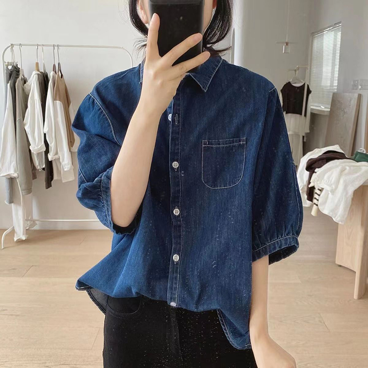 日系復古小眾設計感燈籠袖牛仔襯衫