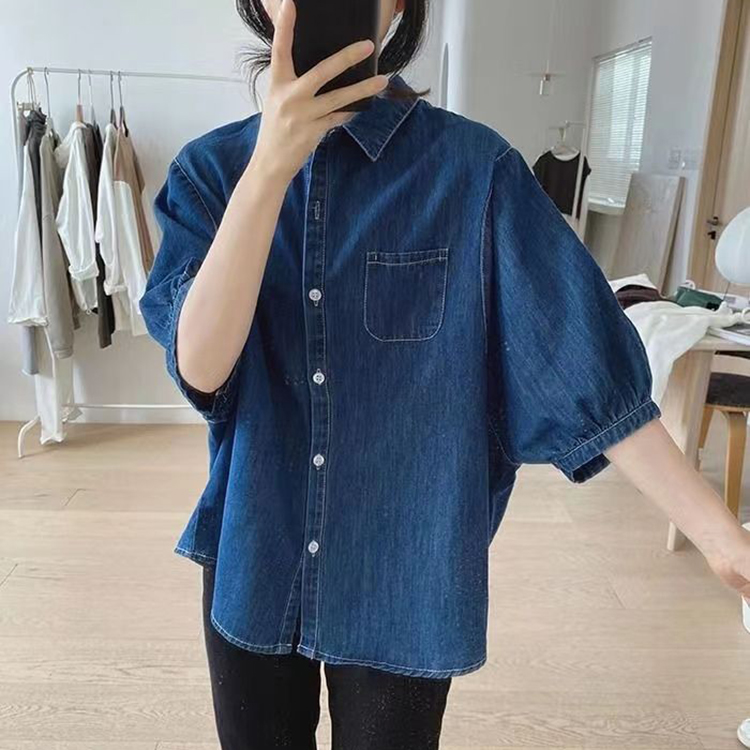 日系復古小眾設計感燈籠袖牛仔襯衫