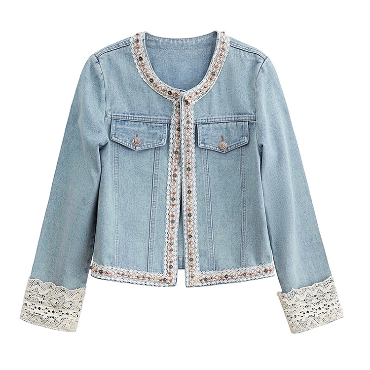 小香風復古時尚蕾絲拼接短版牛仔外套