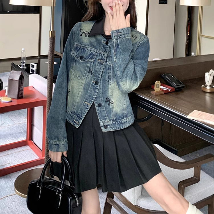 韓版甜美設計感蝴蝶結刺繡小個子夾克牛仔外套
