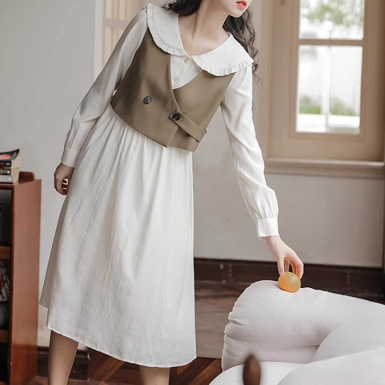 春季新款復古文藝收腰顯瘦娃娃領長袖洋裝+西裝馬甲套裝