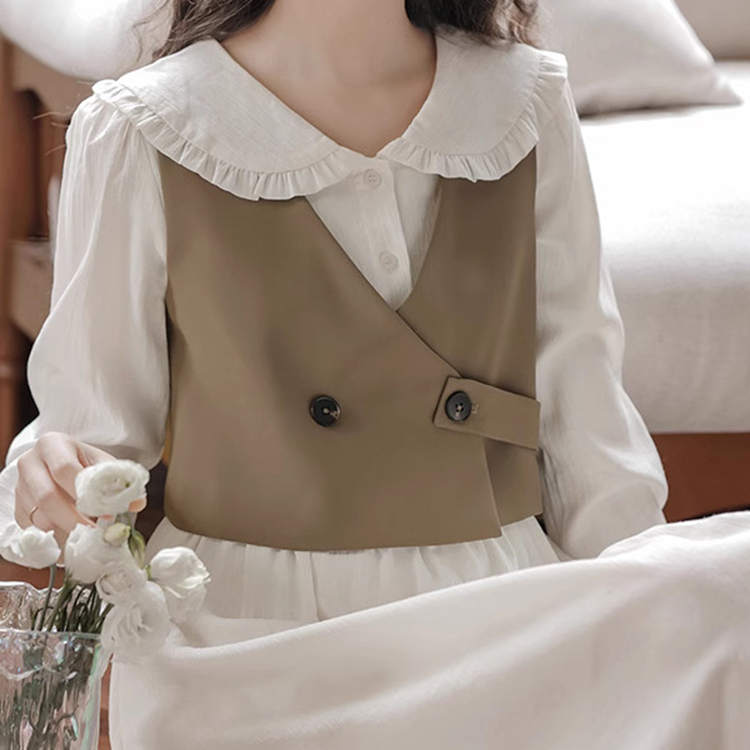 春季新款復古文藝收腰顯瘦娃娃領長袖洋裝+西裝馬甲套裝