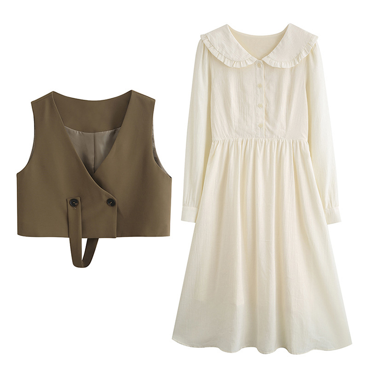 春季新款復古文藝收腰顯瘦娃娃領長袖洋裝+西裝馬甲套裝