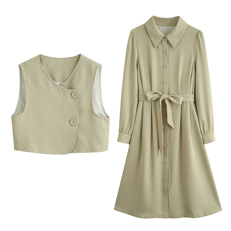 氣質高級感法式設計感疊穿馬甲+長袖洋裝兩件套