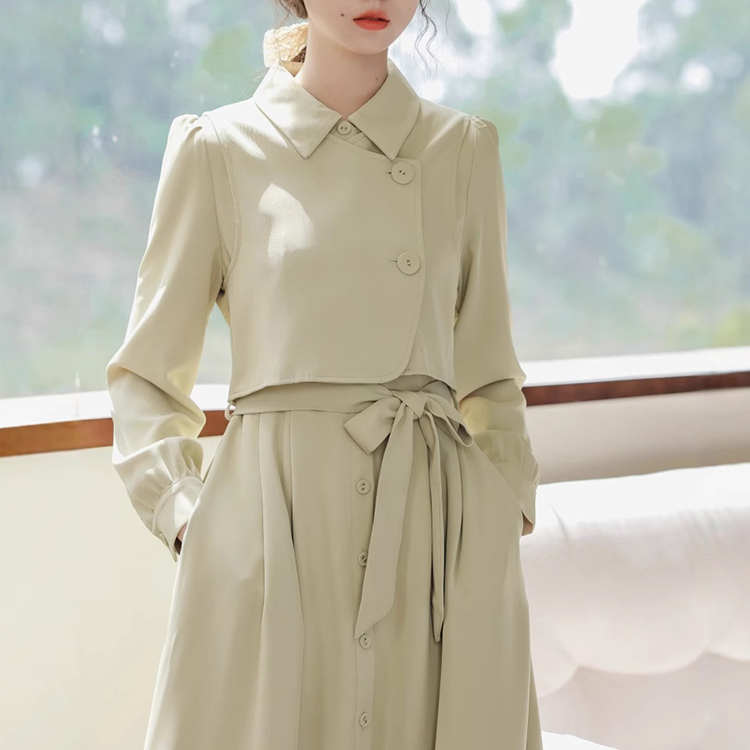 氣質高級感法式設計感疊穿馬甲+長袖洋裝兩件套