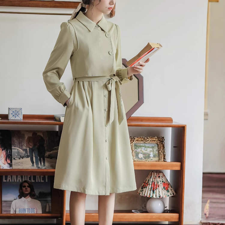 氣質高級感法式設計感疊穿馬甲+長袖洋裝兩件套