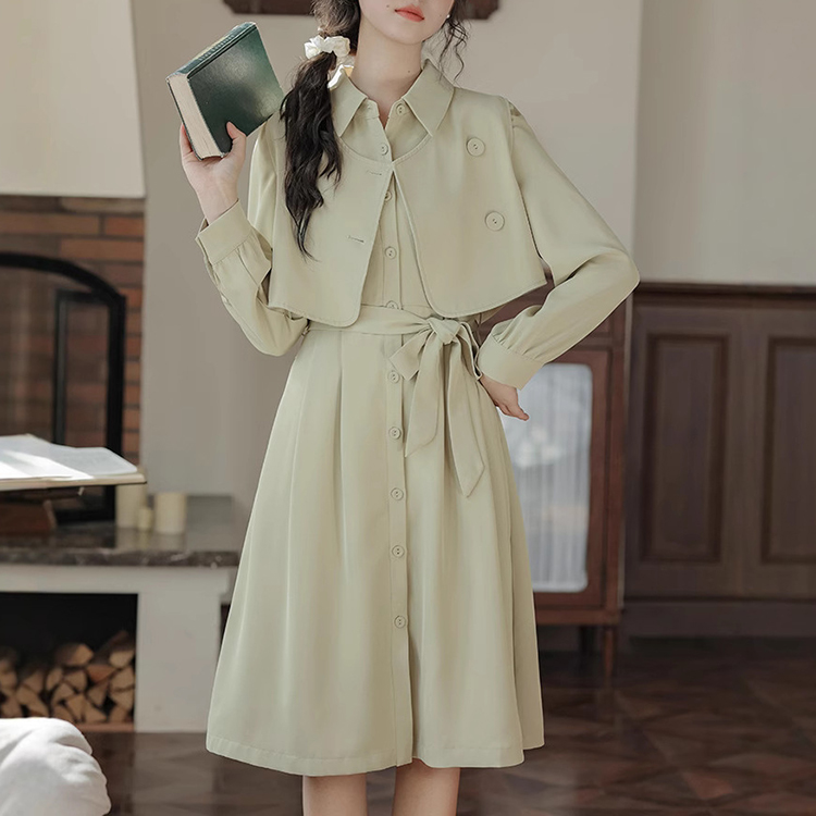 氣質高級感法式設計感疊穿馬甲+長袖洋裝兩件套