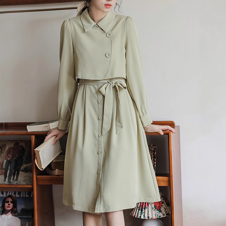 氣質高級感法式設計感疊穿馬甲+長袖洋裝兩件套