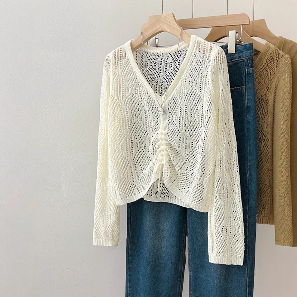 夏季薄款抽繩上衣鏤空防曬針織罩衫