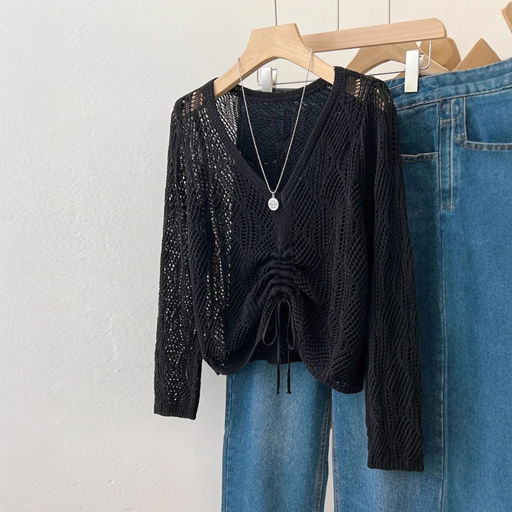 夏季薄款抽繩上衣鏤空防曬針織罩衫