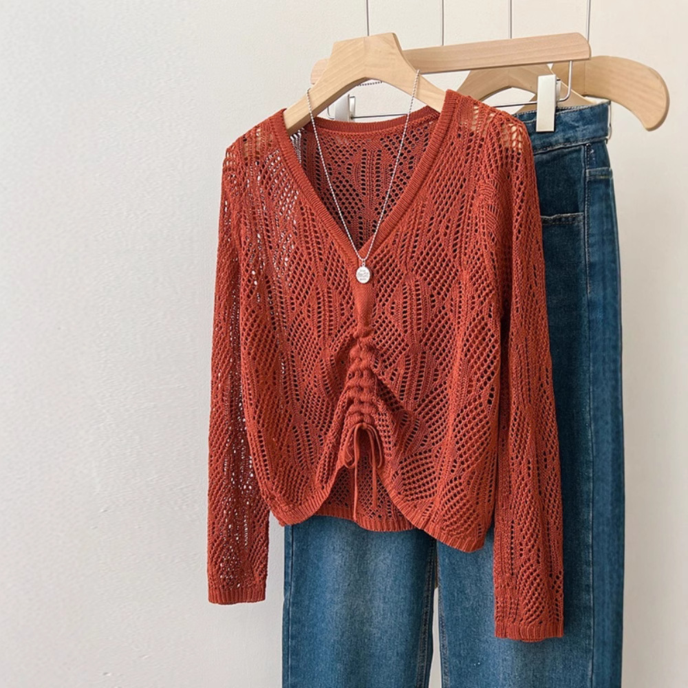 夏季薄款抽繩上衣鏤空防曬針織罩衫