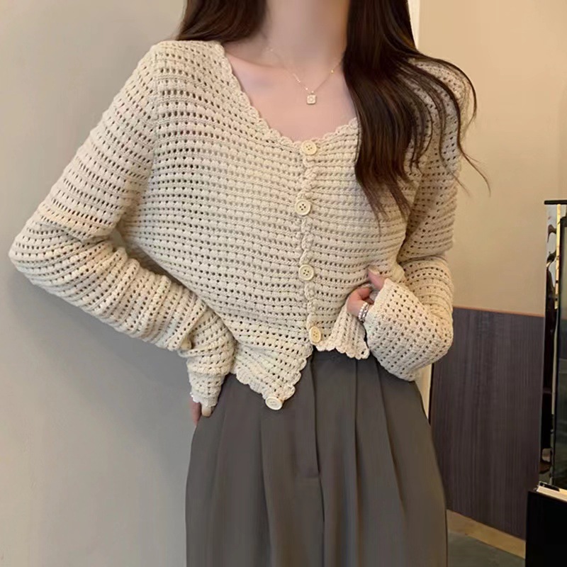 溫柔風鏤空針織開襟衫夏季薄款慵懶外搭罩衫