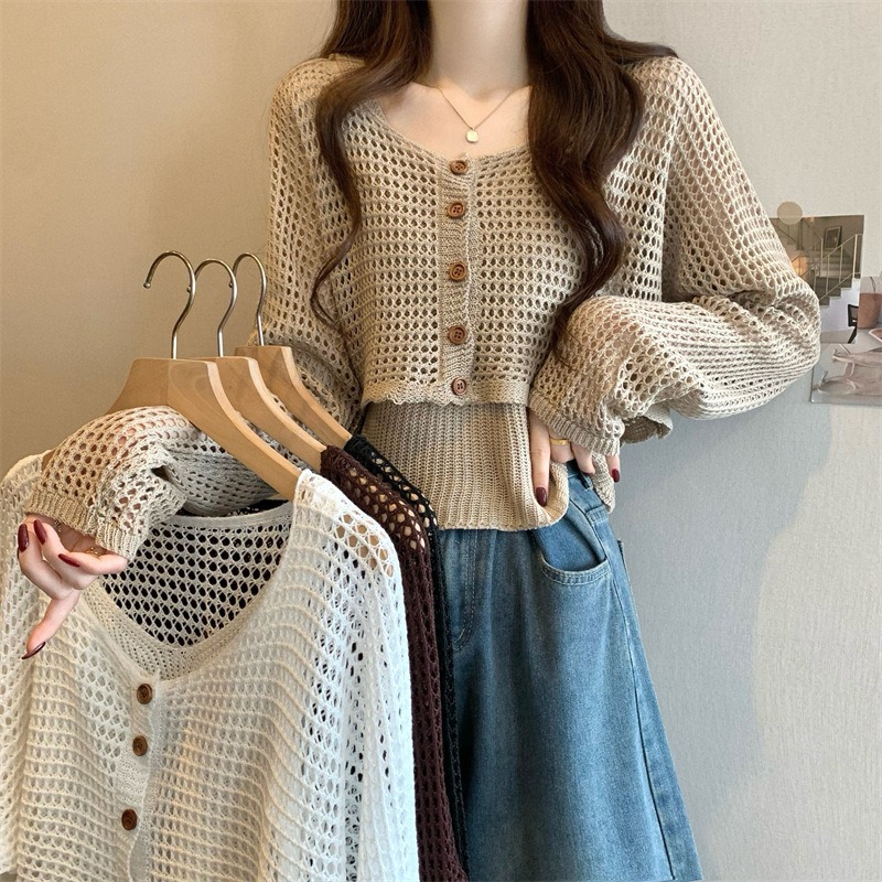 溫柔風鏤空針織開襟衫夏季薄款慵懶外搭罩衫