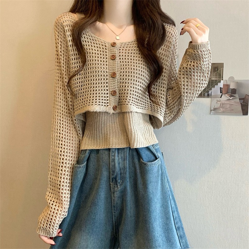 溫柔風鏤空針織開襟衫夏季薄款慵懶外搭罩衫