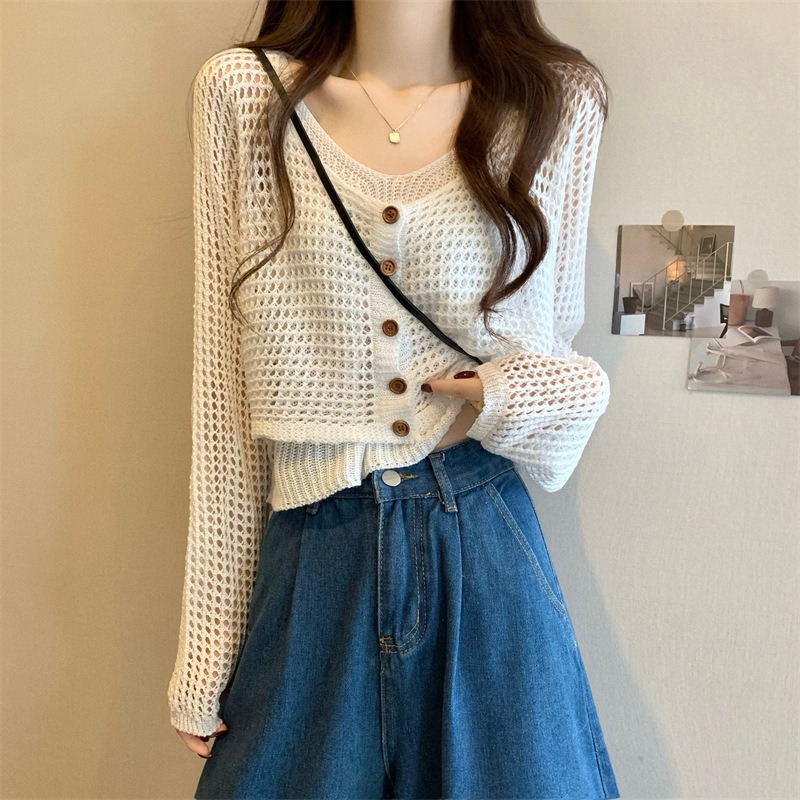 溫柔風鏤空針織開襟衫夏季薄款慵懶外搭罩衫