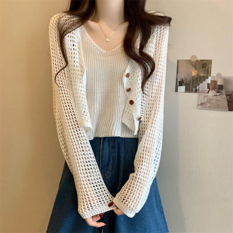 溫柔風鏤空針織開襟衫夏季薄款慵懶外搭罩衫