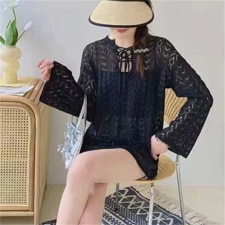韓國版復古洋氣氣質寬鬆百搭長袖V領綁帶鏤空防曬罩衫