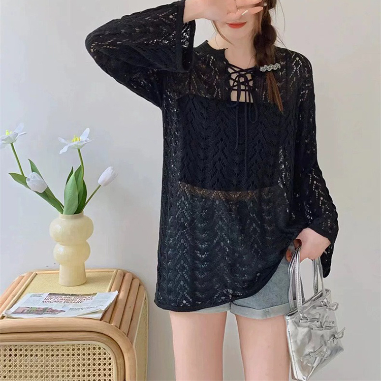 韓國版復古洋氣氣質寬鬆百搭長袖V領綁帶鏤空防曬罩衫