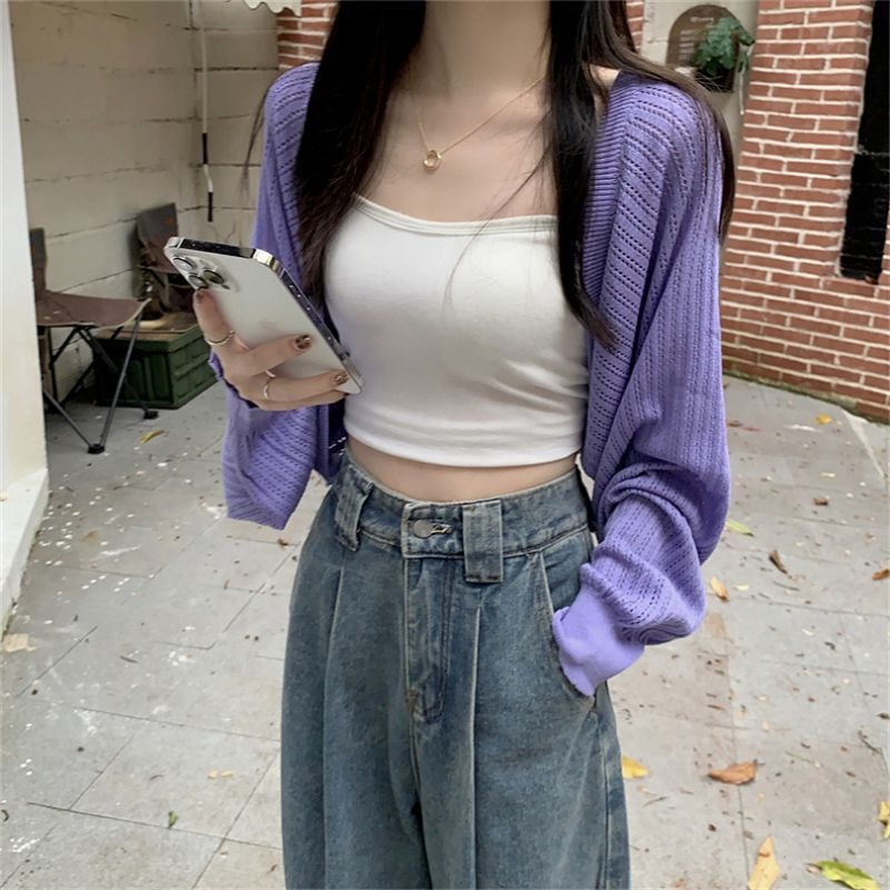 春夏薄款針織開襟衫坎肩燈籠袖空調防曬罩衫