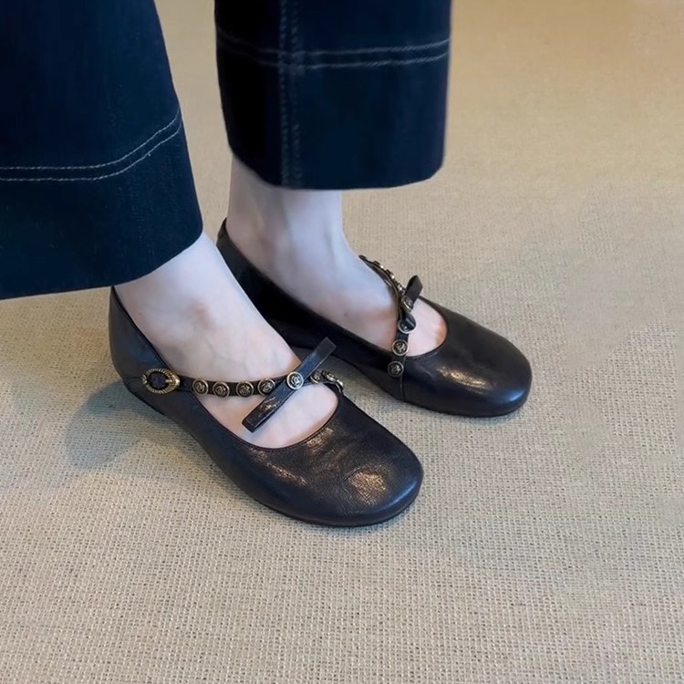 法式復古淺口平底軟皮一腳蹬瑪麗珍鞋