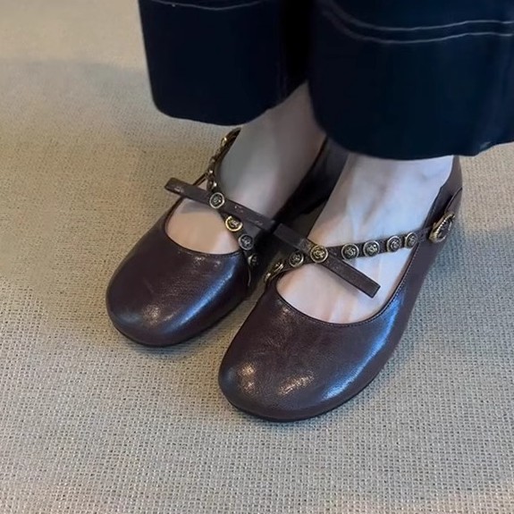 法式復古淺口平底軟皮一腳蹬瑪麗珍鞋