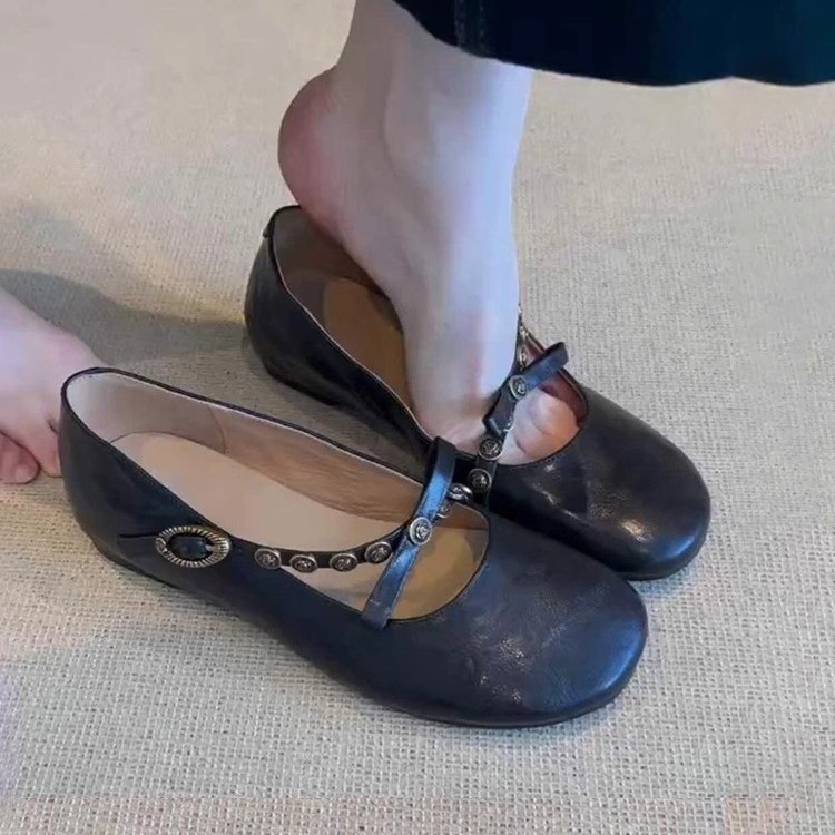 法式復古淺口平底軟皮一腳蹬瑪麗珍鞋