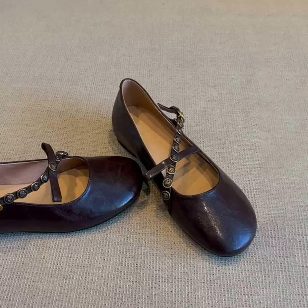 法式復古淺口平底軟皮一腳蹬瑪麗珍鞋