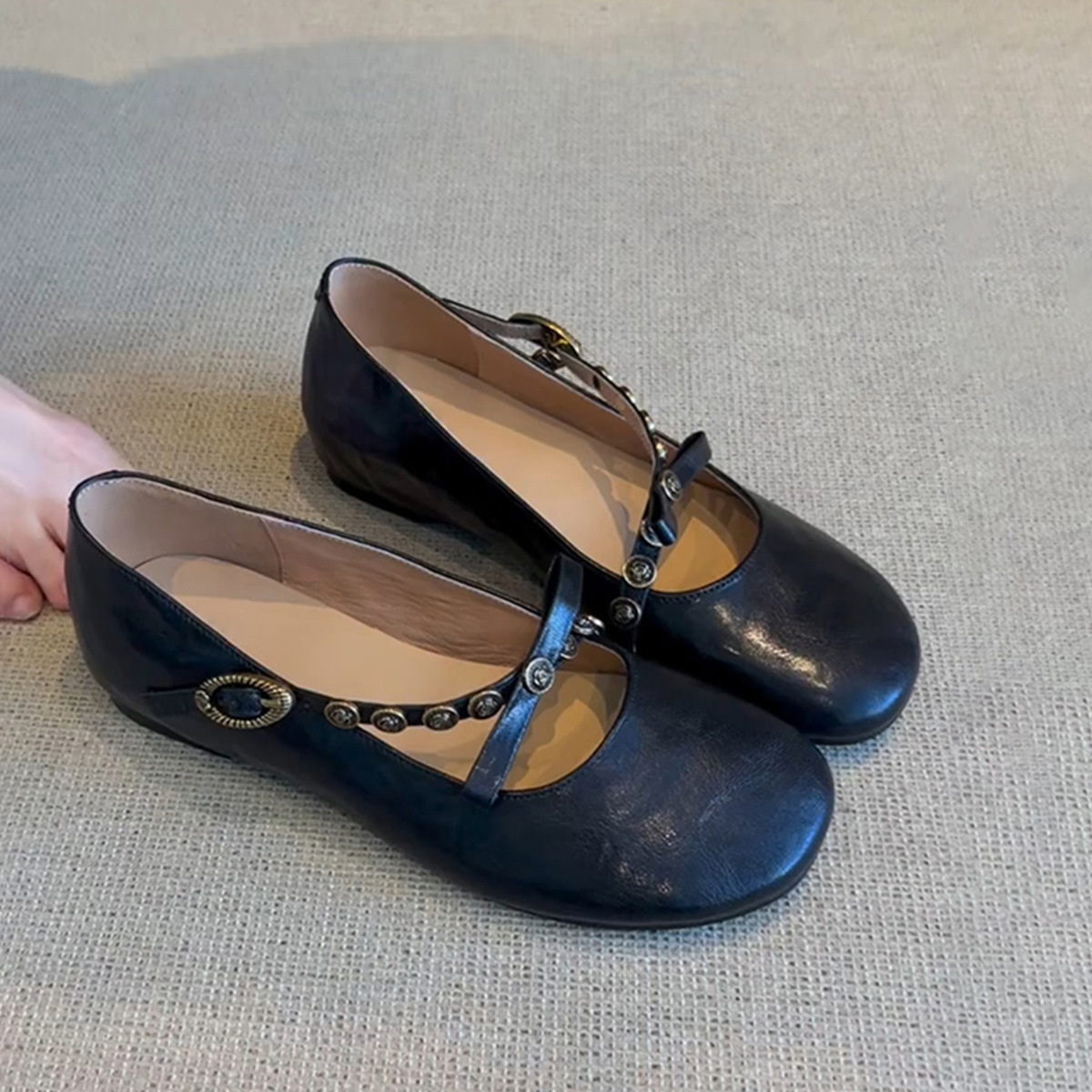 法式復古淺口平底軟皮一腳蹬瑪麗珍鞋