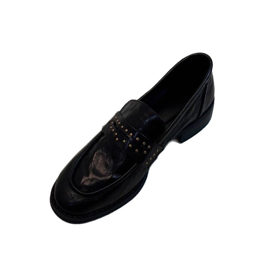 通勤百搭英倫風圓頭鉚釘褶皺一腳蹬粗跟樂福鞋