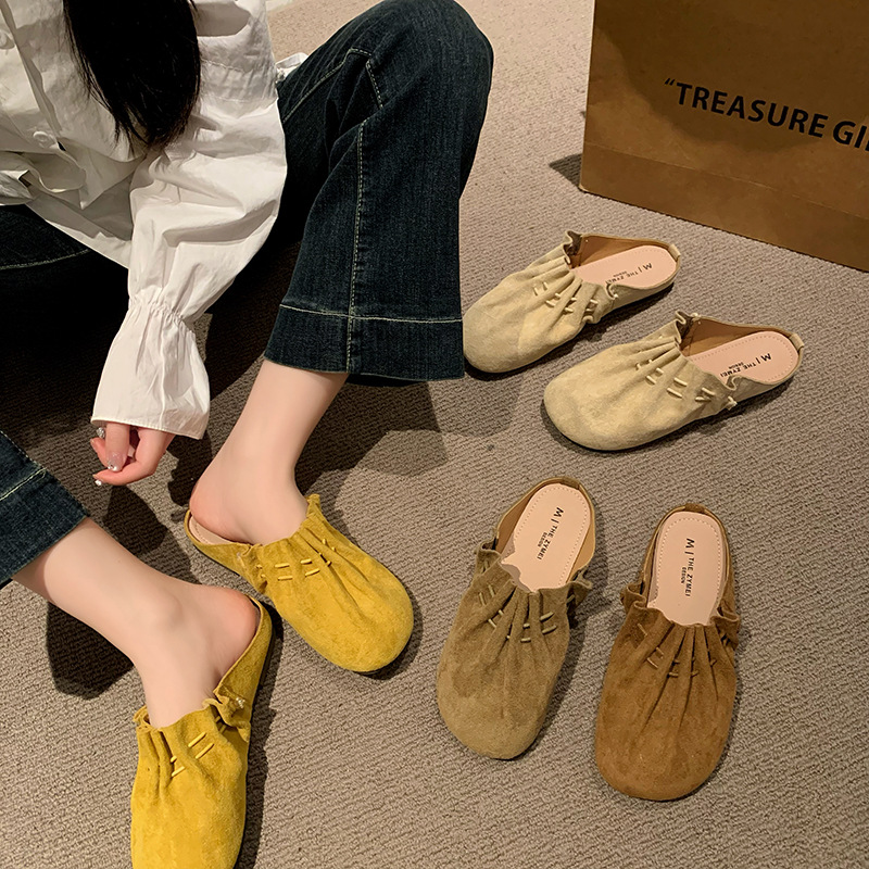 韓系通勤復古褶皺溫柔包頭半拖鞋