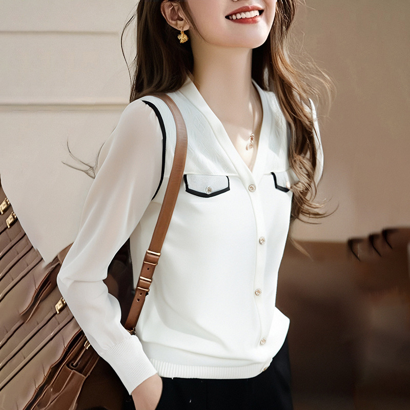 小香風時尚V領雪紡袖拼接針織打底上衣