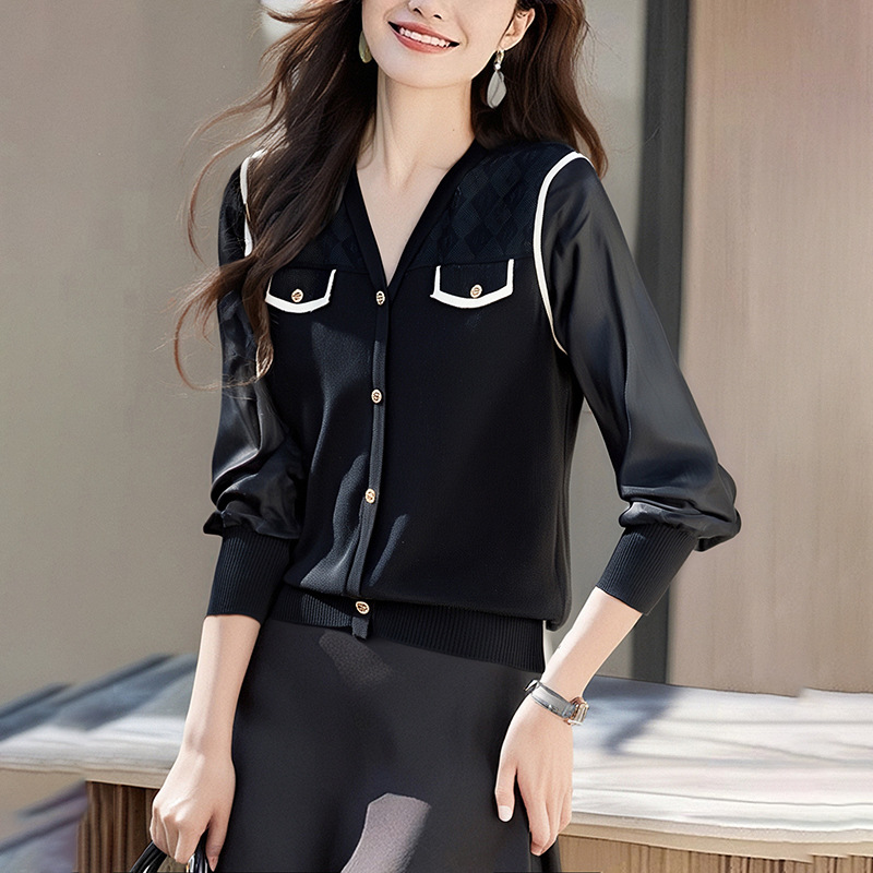 小香風時尚V領雪紡袖拼接針織打底上衣