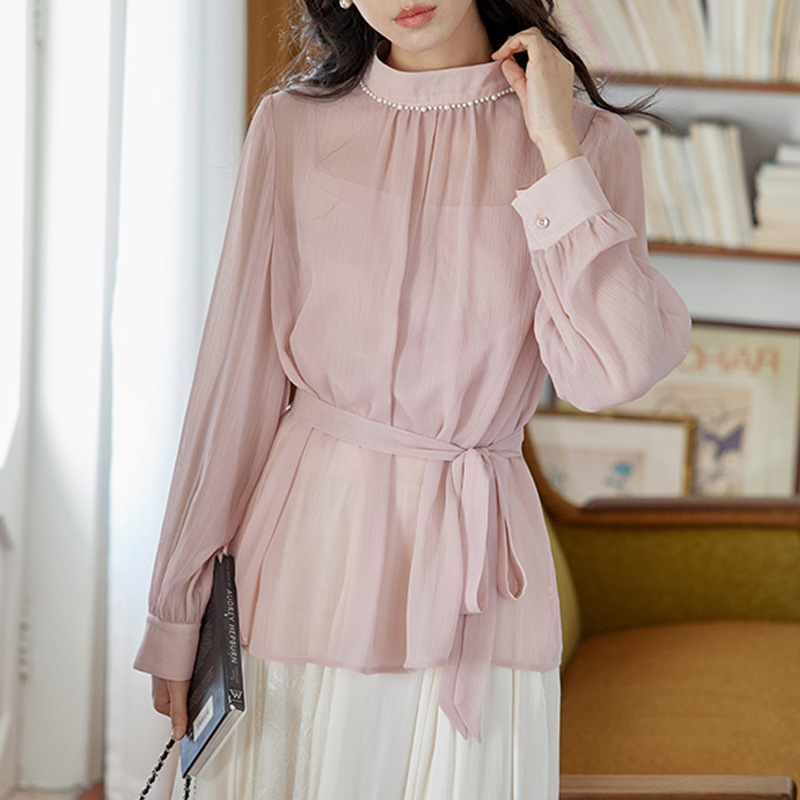 法式復古粉色立領珍珠蕾絲收腰顯瘦氣質上衣