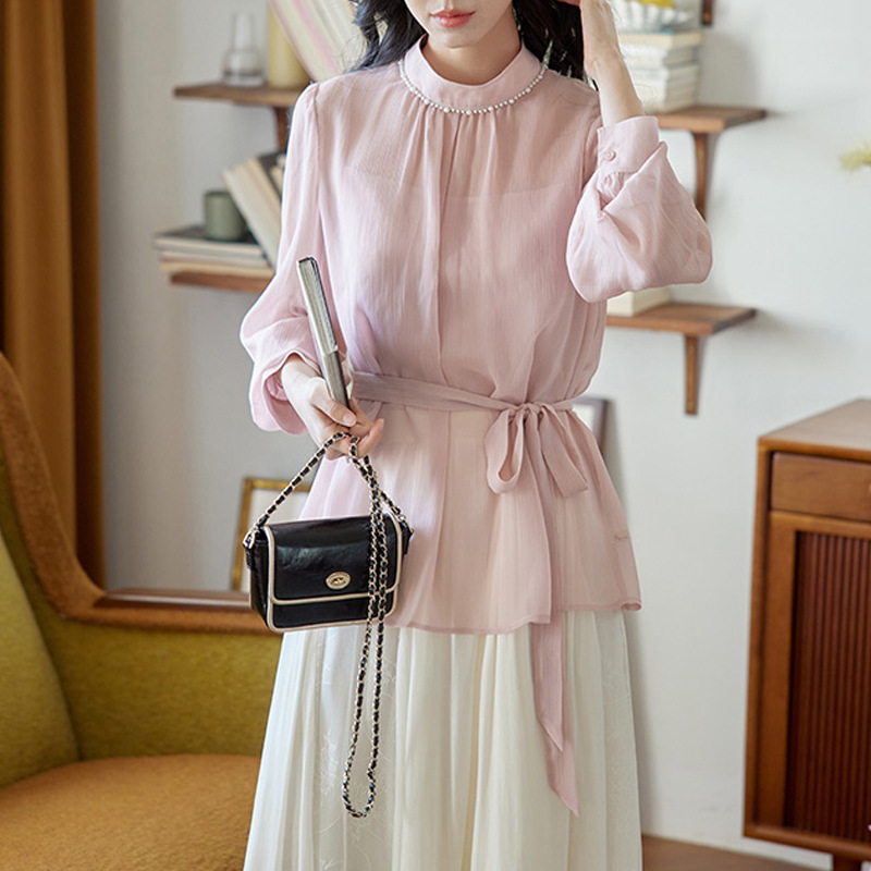 法式復古粉色立領珍珠蕾絲收腰顯瘦氣質上衣