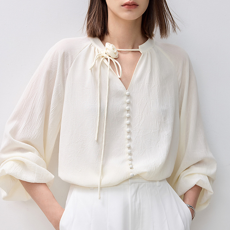 優雅都會氣質玫瑰繫帶V領雪紡上衣