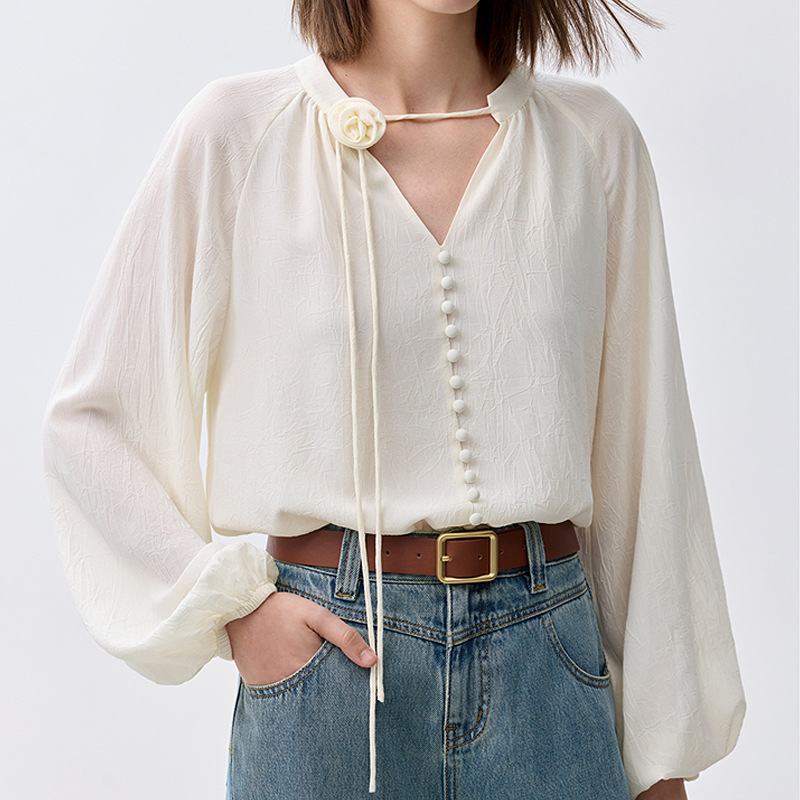 優雅都會氣質玫瑰繫帶V領雪紡上衣