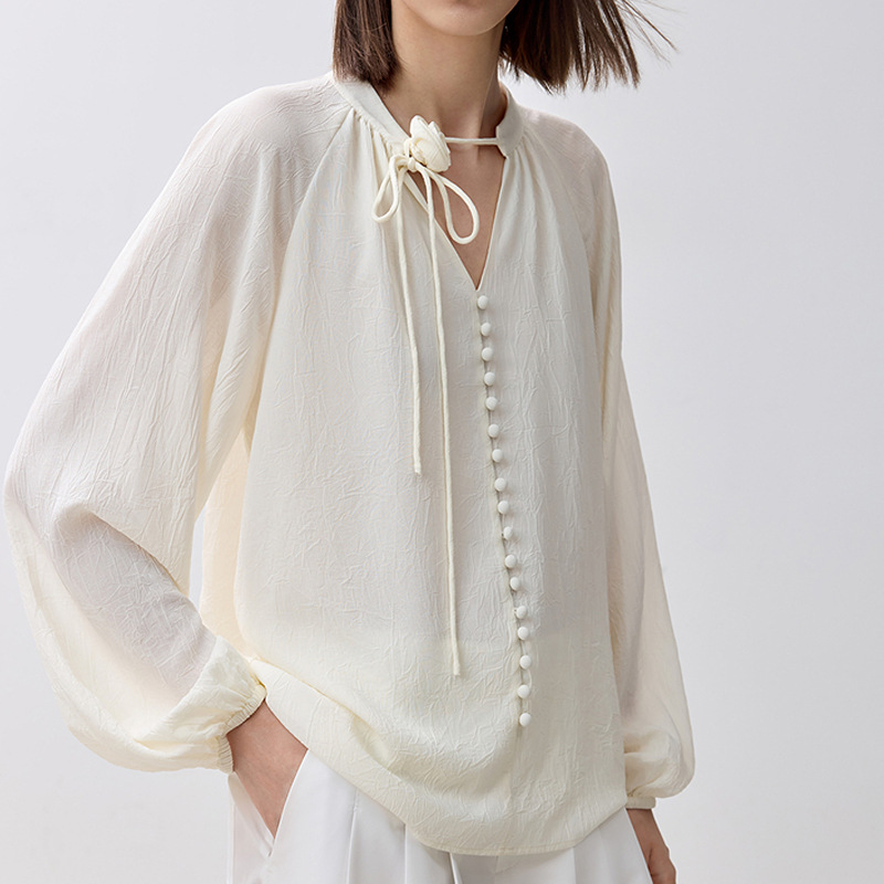 優雅都會氣質玫瑰繫帶V領雪紡上衣