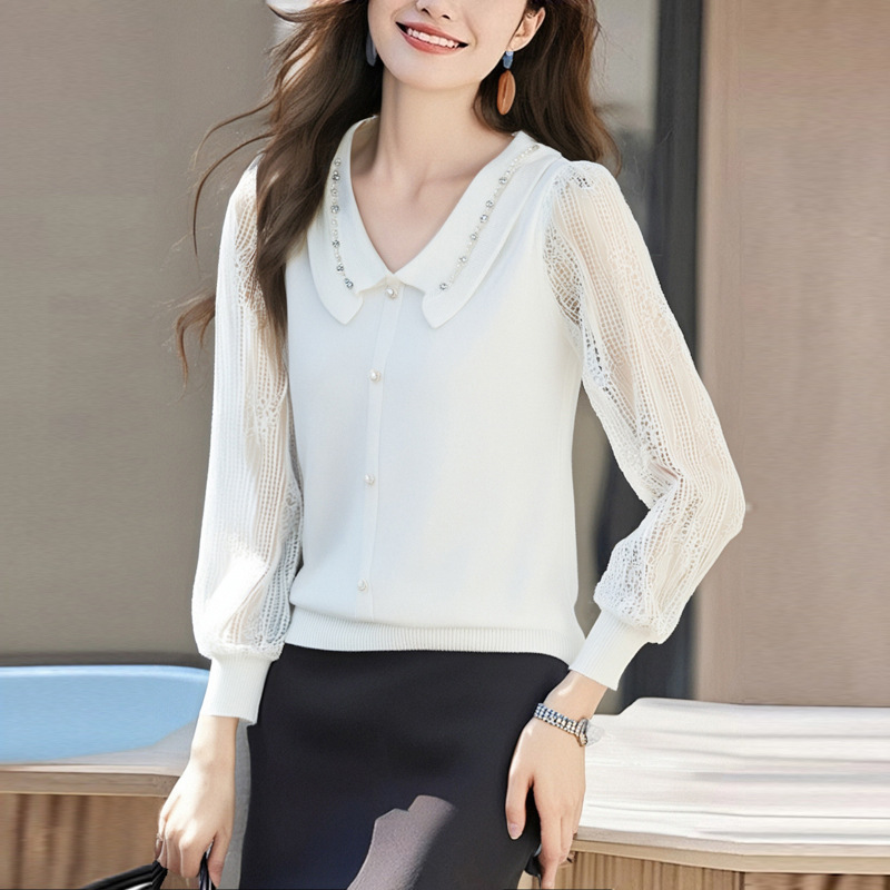 春夏新款蕾絲紗袖娃娃領針織上衣