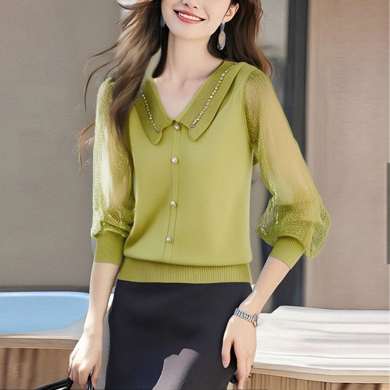 春夏新款蕾絲紗袖娃娃領針織上衣