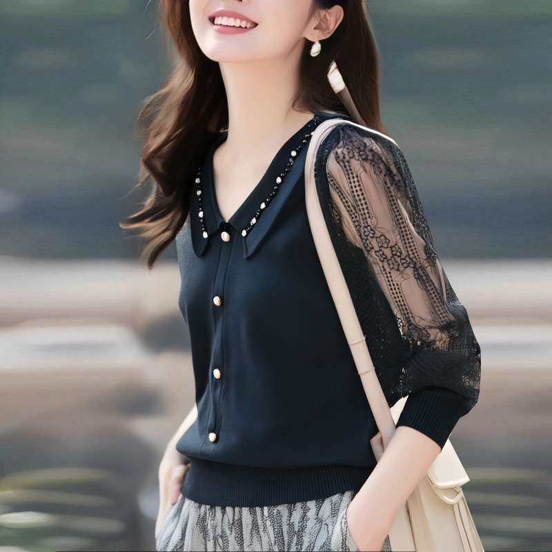 春夏新款蕾絲紗袖娃娃領針織上衣