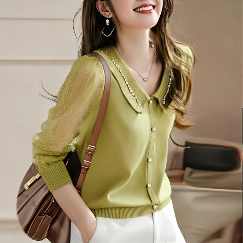 春夏新款蕾絲紗袖娃娃領針織上衣