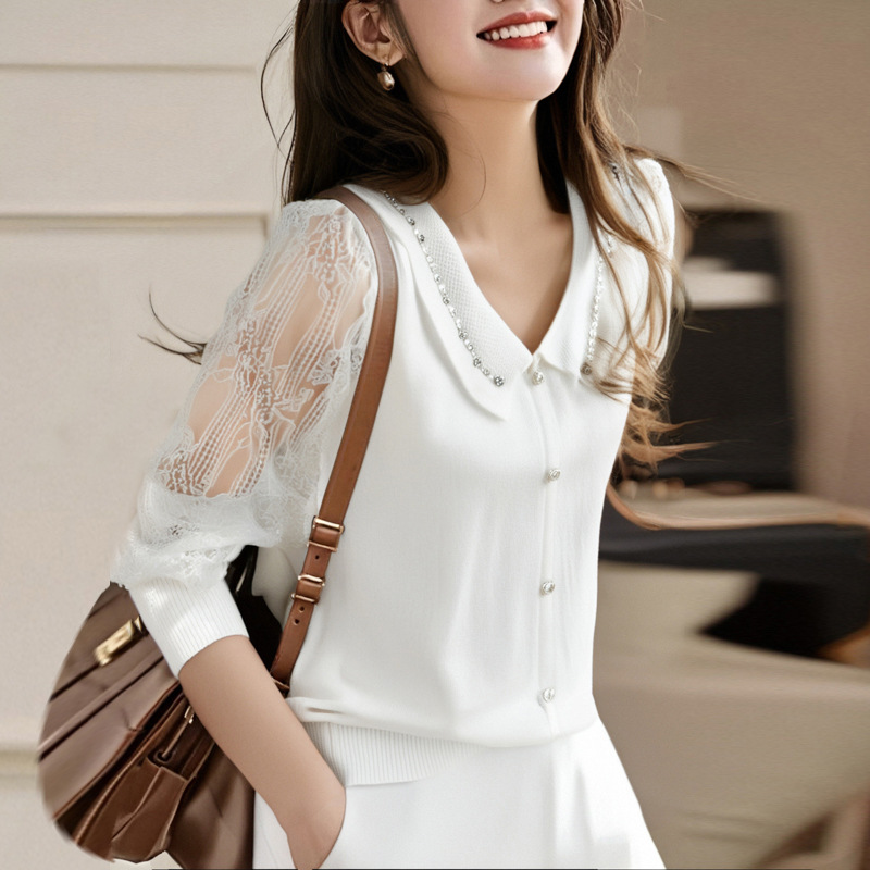 春夏新款蕾絲紗袖娃娃領針織上衣