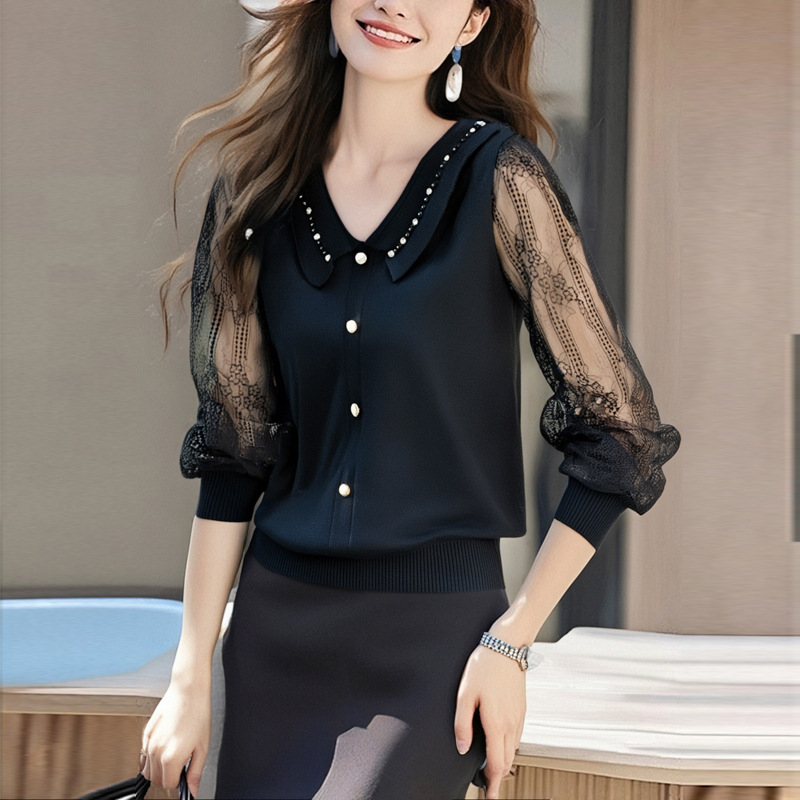 春夏新款蕾絲紗袖娃娃領針織上衣