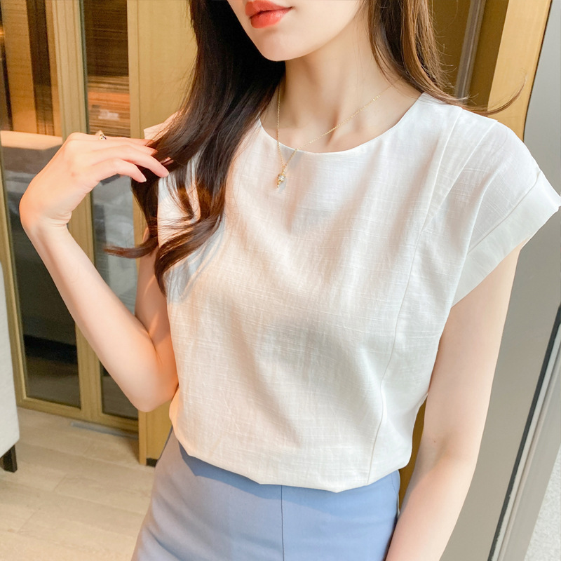 韓系休閑日常通勤棉麻圓領套頭無袖背心