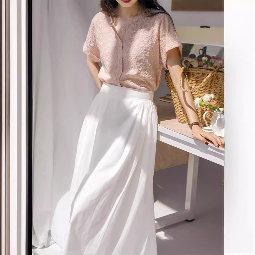 甜美清新設計感粉紅色提花刺繡襯衫短袖