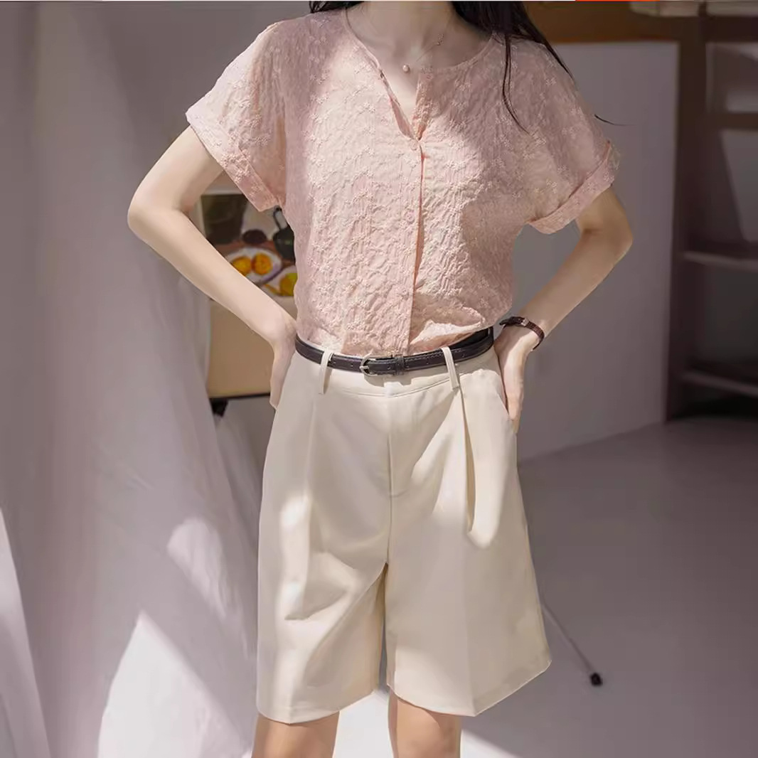 甜美清新設計感粉紅色提花刺繡襯衫短袖