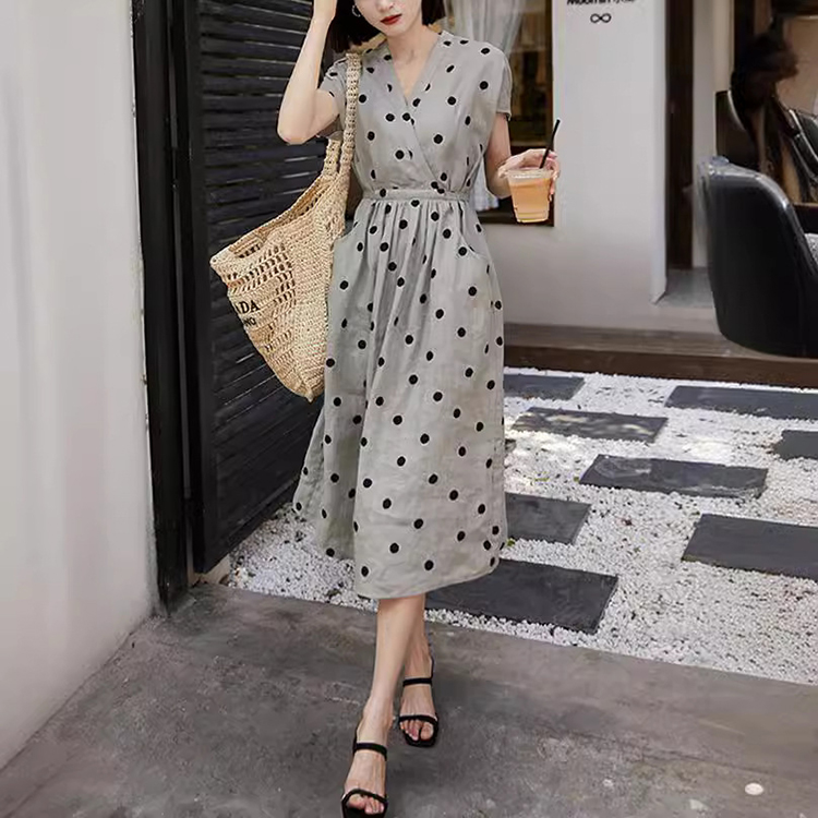 日系藝術復古刺繡波點輕盈感亞麻連身裙