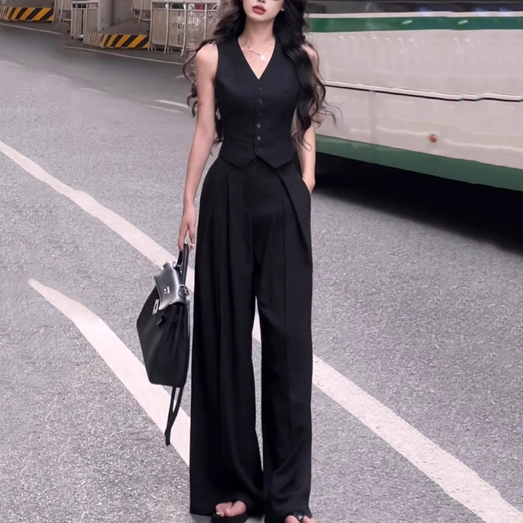 通勤時尚套裝修身顯瘦坎肩V領背心馬甲+高腰氣質闊腿褲