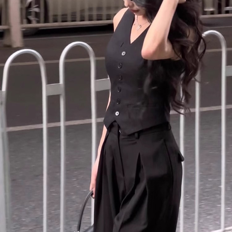 通勤時尚套裝修身顯瘦坎肩V領背心馬甲+高腰氣質闊腿褲